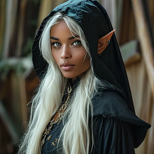 Prompt: Full Body, D&D fantasy, very cute ((light-skinned-elf girl)), light-skinned-female, slender, ((beautiful detailed face and large black eyeless eyes)) long wavy dirty blonde hair, smiling but determined, Long pointed Elf ears, looking at the viewer, Holy Witch wearing Witch's robes,