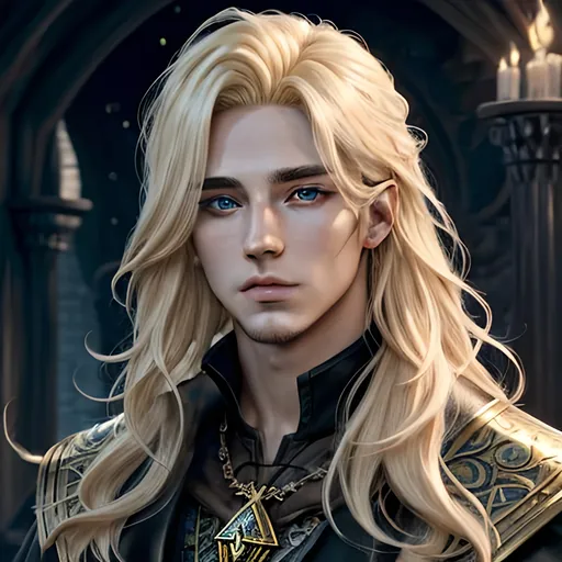 Prompt: masterpiece, splash art, ink painting, handsome D&D fantasy, (23 years old) human male wizard, ((beautiful detailed face and large eyes)), bright blond hair, looking at the viewer, wearing wizard outfit, intricate hyper detailed hair,  #3238, UHD, hd , 8k eyes, detailed face, big anime dreamy eyes, 8k eyes, intricate details, insanely detailed, masterpiece, cinematic lighting, 8k, complementary colors, golden ratio, octane render, volumetric lighting, unreal 5, artwork, concept art, cover, top model, light on hair colorful glamourous hyperdetailed, intricate hyperdetailed breathtaking colorful glamorous scenic view landscape, ultra-fine details, hyper-focused, deep colors, ambient lighting god rays | by sakimi chan, artgerm, wlop, pixiv, tumblr, instagram, deviantart