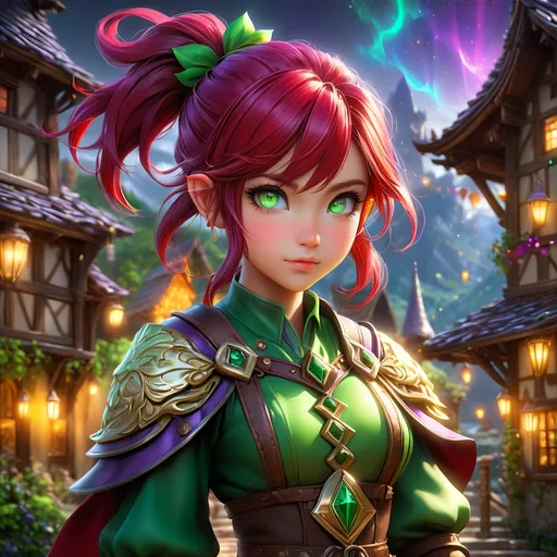 Prompt: Full body, oil painting, D&D fantasy, tanned-skinned-gnome girl, tanned-skinned-female, ((tiny short petite chibi body)), ((beautiful detailed face and glowing anime green eyes)), very cute, determined look, short bright purple hair, ponytail, pointed ears, looking at the viewer, Ranger wearing intricate red and green adventurer's leather, intricate hyper detailed hair, intricate hyper detailed eyelashes, intricate hyper detailed shining pupils #3238, UHD, hd , 8k eyes, detailed face, big anime dreamy eyes, 8k eyes, intricate details, insanely detailed, masterpiece, cinematic lighting, 8k, complementary colors, golden ratio, octane render, volumetric lighting, unreal 5, artwork, concept art, cover, top model, light on hair colorful glamourous hyperdetailed medieval tavern background, intricate hyperdetailed breathtaking colorful glamorous scenic view landscape, ultra-fine details, hyper-focused, deep colors, dramatic lighting, ambient lighting god rays | by sakimi chan, artgerm, wlop, pixiv, tumblr, instagram, deviantart