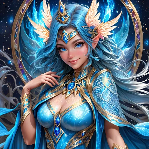 Prompt: Full body, oil painting, fantasy, Pixie girl, tanned-skinned-female, ((beautiful detailed face and glowing blue anime eyes)), bright straight blue hair, rosy cheeks, smiling, looking at the viewer, Elemental sorceress wearing intricate detailed blue robes casting a spell, intricate hyper detailed hair, intricate hyper detailed eyelashes, intricate hyper detailed shining pupils #3238, UHD, hd , 8k eyes, detailed face, big anime dreamy eyes, 8k eyes, intricate details, insanely detailed, masterpiece, cinematic lighting, 8k, complementary colors, golden ratio, octane render, volumetric lighting, unreal 5, artwork, concept art, cover, top model, light on hair colorful glamourous hyperdetailed forest background at night with stars, intricate hyperdetailed breathtaking colorful glamorous scenic view landscape, ultra-fine details, hyper-focused, deep colors, dramatic lighting, ambient lighting god rays, | by sakimi chan, artgerm, wlop, pixiv, tumblr, instagram, deviantart