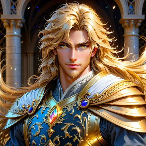 Prompt: Full body visible, oil painting, D&D fantasy, 24 years old ((Male)) Aasimar, ((handsome detailed face and Glowing Gold anime eyes)), long straight golden hair, No Beard, sly devious smile, looking at the viewer, intricate detailed noble clothes, intricate hyper detailed hair, intricate hyper detailed eyelashes, intricate hyper detailed shining pupils, #3238, UHD, hd , 8k eyes, detailed face, big anime dreamy eyes, 8k eyes, intricate details, insanely detailed, masterpiece, cinematic lighting, 8k, complementary colors, golden ratio, octane render, volumetric lighting, unreal 5, artwork, concept art, cover, top model, light on hair colorful glamourous hyperdetailed inside a medieval rich manor house background, intricate hyperdetailed inside a medieval rich manor house background, ultra-fine details, hyper-focused, deep colors, dramatic lighting, ambient lighting | by sakimi chan, artgerm, wlop, pixiv, tumblr, instagram, deviantart