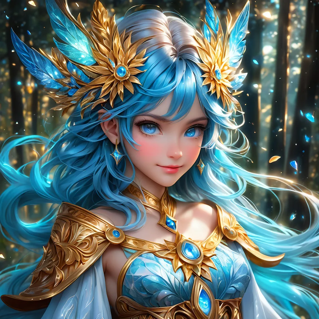 Prompt: Full body, oil painting, fantasy, Pixie girl, tanned-skinned-female, ((beautiful detailed face and glowing blue anime eyes)), bright blue hair, straight hair, rosy cheeks, smiling, looking at the viewer, Elemental sorceress wearing intricate detailed robes casting a spell, intricate hyper detailed hair, intricate hyper detailed eyelashes, intricate hyper detailed shining pupils #3238, UHD, hd , 8k eyes, detailed face, big anime dreamy eyes, 8k eyes, intricate details, insanely detailed, masterpiece, cinematic lighting, 8k, complementary colors, golden ratio, octane render, volumetric lighting, unreal 5, artwork, concept art, cover, top model, light on hair colorful glamourous hyperdetailed forest background at night with stars, intricate hyperdetailed breathtaking colorful glamorous scenic view landscape, ultra-fine details, hyper-focused, deep colors, dramatic lighting, ambient lighting god rays, | by sakimi chan, artgerm, wlop, pixiv, tumblr, instagram, deviantart