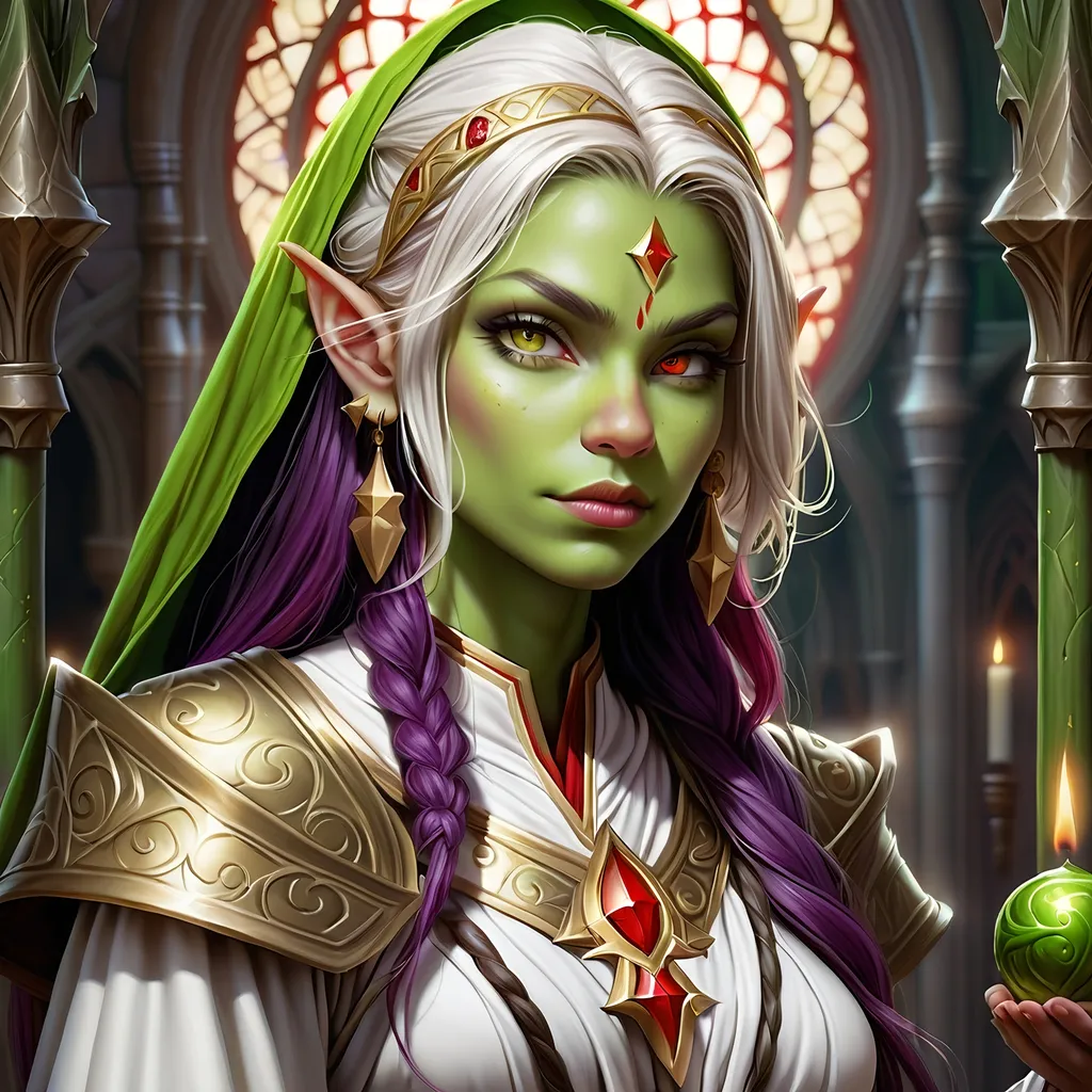 Prompt: Full Body, oil painting, D&D fantasy, very cute, 28 years old orc female ((green-skinned-orc girl)) Cleric, green-skinned-female, ((beautiful detailed face and large glowing red eyes)), Pious, rosy cheeks and nose,  long rich purple hair, praying, small pointed ears, ((large tusks)), praying, intricate detailed shapely ((white and gold priest robes)), intricate hyper detailed hair, intricate hyper detailed eyelashes, intricate hyper detailed shining pupils #3238, UHD, hd , 8k eyes, detailed face, big anime dreamy eyes, 8k eyes, intricate details, insanely detailed, masterpiece, cinematic lighting, 8k, complementary colors, golden ratio, octane render, volumetric lighting, unreal 5, artwork, concept art, cover, top model, light on hair colorful glamourous hyperdetailed temple background, intricate hyperdetailed temple background, ultra-fine details, hyper-focused, deep colors, dramatic lighting, ambient lighting god rays, | by sakimi chan, artgerm, wlop, pixiv, tumblr, instagram, deviantart