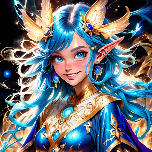 Prompt: Full body, oil painting, fantasy, Pixie girl, tanned-skinned-female, ((beautiful detailed face and glowing blue anime eyes)), bright blue hair, straight hair, rosy cheeks, smiling, looking at the viewer, Elemental sorceress wearing intricate detailed robes casting a spell, intricate hyper detailed hair, intricate hyper detailed eyelashes, intricate hyper detailed shining pupils #3238, UHD, hd , 8k eyes, detailed face, big anime dreamy eyes, 8k eyes, intricate details, insanely detailed, masterpiece, cinematic lighting, 8k, complementary colors, golden ratio, octane render, volumetric lighting, unreal 5, artwork, concept art, cover, top model, light on hair colorful glamourous hyperdetailed forest background at night with stars, intricate hyperdetailed breathtaking colorful glamorous scenic view landscape, ultra-fine details, hyper-focused, deep colors, dramatic lighting, ambient lighting god rays, | by sakimi chan, artgerm, wlop, pixiv, tumblr, instagram, deviantart