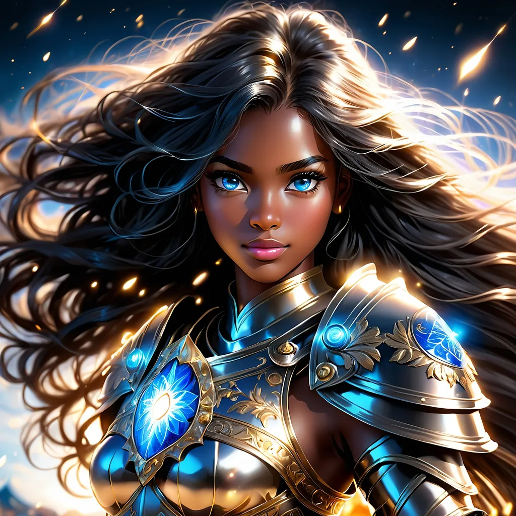 Prompt: Full body visible, oil painting, young 22 years old Human black girl, black-skinned-female, ((beautiful detailed face and glowing anime blue eyes)), long black hair, rosy cheeks, sly grin, looking at the viewer, Paladin wearing full plate armor, raising her holy sword to the sky, intricate hyper detailed hair, intricate hyper detailed eyelashes, intricate hyper detailed shining pupils, #3238, UHD, hd , 8k eyes, detailed face, big anime dreamy eyes, 8k eyes, intricate details, insanely detailed, masterpiece, cinematic lighting, 8k, complementary colors, golden ratio, octane render, volumetric lighting, unreal 5, artwork, concept art, cover, top model, light on hair colorful glamourous hyperdetailed ((Battlefield)) background, intricate hyperdetailed battlefield, ultra-fine details, hyper-focused, deep colors, dramatic lighting, ambient lighting god rays | by sakimi chan, artgerm, wlop, pixiv, tumblr, instagram, deviantart