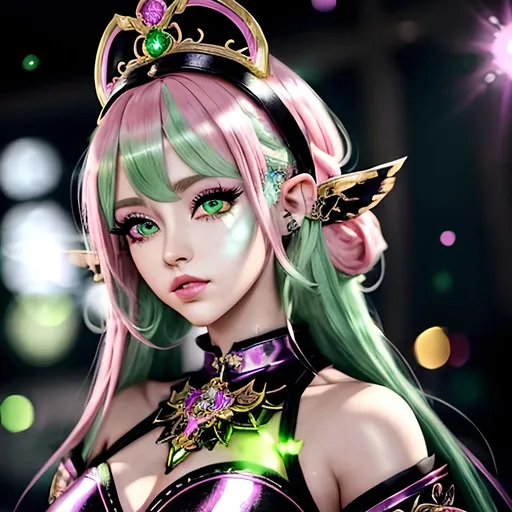 Prompt: masterpiece, ink painting, beautiful cute pop idol, D&D fantasy, (23 years old) pixie girl cleric, ((beautiful detailed face and large green eyes)), bright pink hair, looking at the viewer, wearing cleric outfit, intricate hyper detailed hair, intricate hyper detailed eyelashes, intricate hyper detailed shining pupils #3238, UHD, hd , 8k eyes, detailed face, big anime dreamy eyes, 8k eyes, intricate details, insanely detailed, masterpiece, cinematic lighting, 8k, complementary colors, golden ratio, octane render, volumetric lighting, unreal 5, artwork, concept art, cover, top model, light on hair colorful glamourous hyperdetailed, intricate hyperdetailed breathtaking colorful glamorous scenic view landscape, ultra-fine details, hyper-focused, deep colors, dramatic lighting, ambient lighting god rays | by sakimi chan, artgerm, wlop, pixiv, tumblr, instagram, deviantart