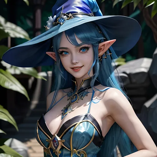 Prompt: masterpiece, splash art, ink painting, beautiful cute pop idol, D&D fantasy, (21years old) elf girl, ((beautiful detailed face and large eyes)), mischievous grin, bright royal blue hair, long slender pointed ears, smiling looking at the viewer, wearing light blue sorceress dress and ((an intricate dark blue witches hat)) and casting an elemental holy spell, cosmic background, intricate hyper detailed hair, intricate hyper detailed eyelashes, intricate hyper detailed shining pupils #3238, UHD, hd , 8k eyes, detailed face, big anime dreamy eyes, 8k eyes, intricate details, insanely detailed, masterpiece, cinematic lighting, 8k, complementary colors, golden ratio, octane render, volumetric lighting, unreal 5, artwork, concept art, cover, top model, light on hair colorful glamourous hyperdetailed, intricate hyperdetailed breathtaking colorful glamorous scenic view landscape, ultra-fine details, hyper-focused, deep colors, dramatic lighting, ambient lighting god rays | by sakimi chan, artgerm, wlop, pixiv, tumblr, instagram, deviantart