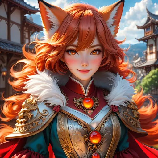 Prompt: Full body visible, oil painting, 26 years old ((anthropomorphic furry fox girl, Fantasy, Kitsune fox girl)), ((anthropomorphic)), detailed fuzzy red fur, ((beautiful detailed face with fox muzzle and anime eyes)), short fiery red pixie cut hair, grinning and pondering the universe, looking into the distance, intricate detailed wizard outfit, intricate hyper detailed hair, intricate hyper detailed eyelashes, intricate hyper detailed shining pupils, #3238, UHD, hd , 8k eyes, detailed face, big anime dreamy eyes, 8k eyes, intricate details, insanely detailed, masterpiece, cinematic lighting, 8k, complementary colors, golden ratio, octane render, volumetric lighting, unreal 5, artwork, concept art, cover, top model, light on hair colorful glamourous hyperdetailed medieval town background, intricate hyperdetailed medieval town background, ultra-fine details, hyper-focused, deep colors, dramatic lighting, ambient lighting | by sakimi chan, artgerm, wlop, pixiv, tumblr, instagram, deviantart