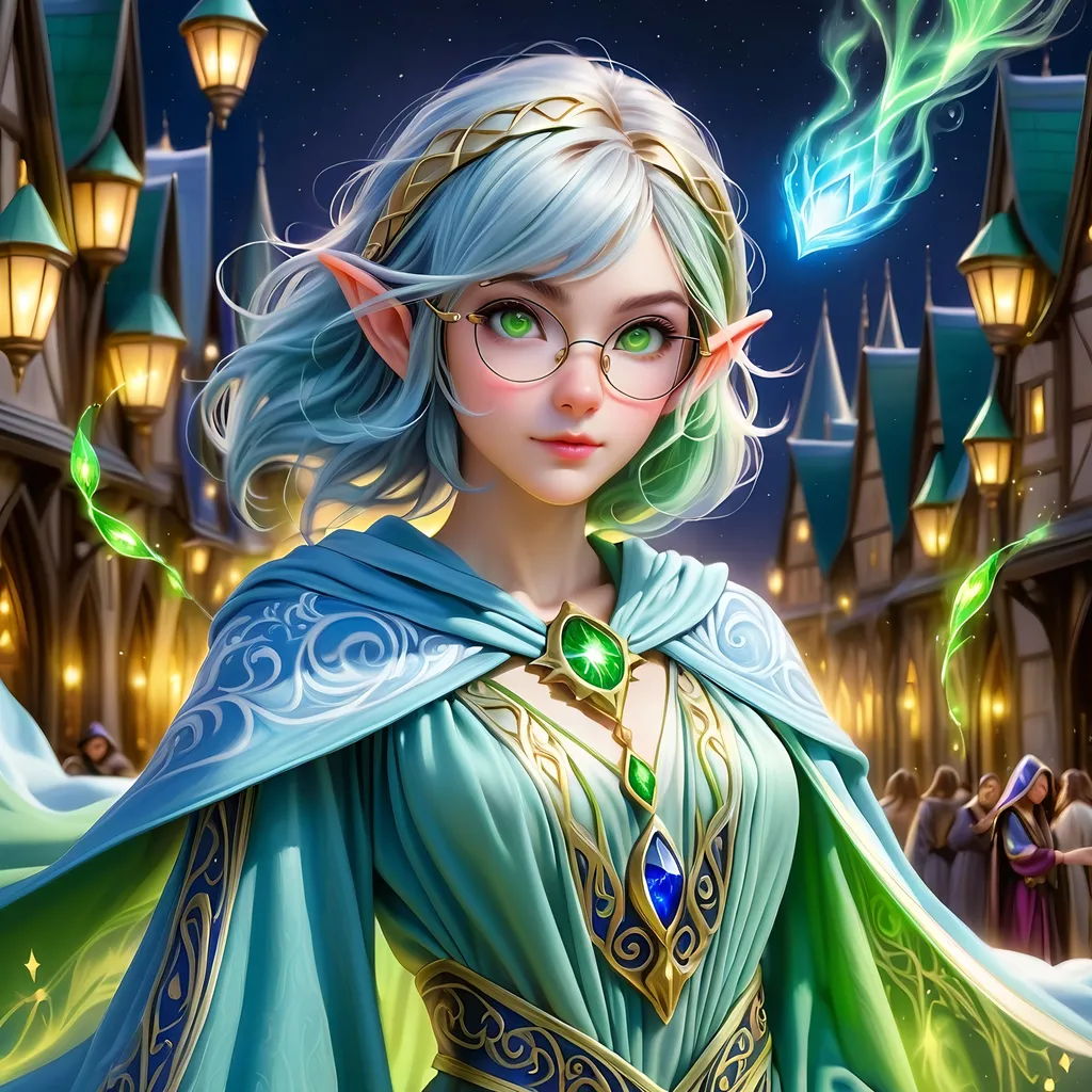 Prompt: Full Body, oil painting, D&D fantasy, very cute, young 28 years old elf female ((fair-skinned-elf girl)) wizard, fair-skinned-female, slender, ((beautiful detailed face and large glowing green eyes)), rosy cheeks, spectacles, deep royal blue hair in a pixie cut, determined look, pointed ears, looking at the viewer, intricate detailed shapely light blue and white flowing wizard robes, intricate hyper detailed hair, intricate hyper detailed eyelashes, intricate hyper detailed shining pupils #3238, UHD, hd , 8k eyes, detailed face, big anime dreamy eyes, 8k eyes, intricate details, insanely detailed, masterpiece, cinematic lighting, 8k, complementary colors, golden ratio, octane render, volumetric lighting, unreal 5, artwork, concept art, cover, top model, light on hair colorful glamourous hyperdetailed wizard's study background, intricate hyperdetailed breathtaking wizard's study background, ultra-fine details, hyper-focused, deep colors, dramatic lighting, ambient lighting god rays, | by sakimi chan, artgerm, wlop, pixiv, tumblr, instagram, deviantart