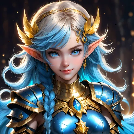 Prompt: Full body visible, oil painting, D&D Fantasy, young 20 years old Elf girl, ((Fully blue-skinned-female, blue-skinned-female, Blue elf ears)), ((beautiful detailed face and glowing gold anime eyes)), short Brilliant Light Blue hair, predatory grin, looking at the viewer, Brown leather armour with a bow, intricate hyper detailed hair, intricate hyper detailed eyelashes, intricate hyper detailed shining pupils, #3238, UHD, hd , 8k eyes, detailed face, big anime dreamy eyes, 8k eyes, intricate details, insanely detailed, masterpiece, cinematic lighting, 8k, complementary colors, golden ratio, octane render, volumetric lighting, unreal 5, artwork, concept art, cover, top model, light on hair colorful glamourous hyperdetailed cave background, intricate hyperdetailed cave background, ultra-fine details, hyper-focused, deep colors, dramatic lighting, ambient lighting | by sakimi chan, artgerm, wlop, pixiv, tumblr, instagram, deviantart