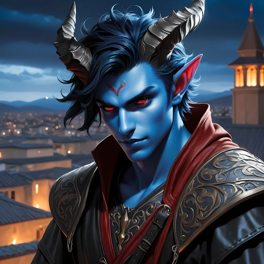 Prompt: Full body visible, oil painting, D&D Fantasy, young 20 years old Tiefling male, ((Fully blue-skinned-Male, blue-skinned-Male)), Thief, ((handsome and boyish detailed face and red eyes, Tiefling horns)), short tousled black hair, Boyish rogueish grin, looking at the viewer, Black sleek leather clothing wielding an intricate dagger on a rooftop at night, intricate hyper detailed hair, intricate hyper detailed eyelashes, intricate hyper detailed shining pupils, #3238, UHD, hd , 8k eyes, detailed face, big anime dreamy eyes, 8k eyes, intricate details, insanely detailed, masterpiece, cinematic lighting, 8k, complementary colors, golden ratio, octane render, volumetric lighting, unreal 5, artwork, concept art, cover, top model, light on hair colorful glamourous hyperdetailed rooftop at night background, intricate hyperdetailed rooftop at night background, ultra-fine details, hyper-focused, deep colors, dramatic lighting, ambient lighting | by sakimi chan, artgerm, wlop, pixiv, tumblr, instagram, deviantart