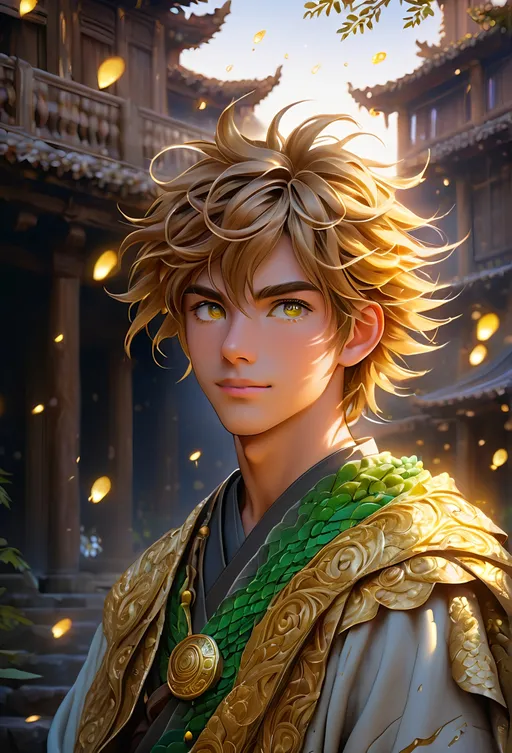 Prompt: Full body visible, oil painting, D&D fantasy, 22 years old mongrel man, ((Left side of the face covered in lizard scales)), ((rugged detailed face and glowing gold anime eyes)), short chestnut hair, wise smile, looking at the viewer, intricate detailed cloth monk robes, intricate hyper detailed hair, intricate hyper detailed eyelashes, intricate hyper detailed shining pupils, #3238, UHD, hd , 8k eyes, detailed face, big anime dreamy eyes, 8k eyes, intricate details, insanely detailed, masterpiece, cinematic lighting, 8k, complementary colors, golden ratio, octane render, volumetric lighting, unreal 5, artwork, concept art, cover, top model, light on hair colorful glamourous hyperdetailed house ruins background, intricate hyperdetailed house ruins background, ultra-fine details, hyper-focused, deep colors, dramatic lighting, ambient lighting | by sakimi chan, artgerm, wlop, pixiv, tumblr, instagram, deviantart