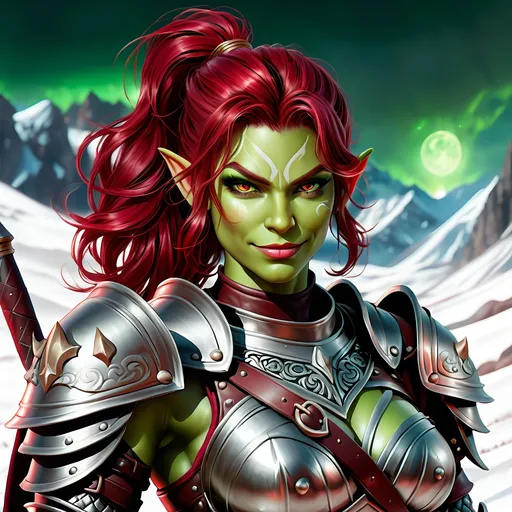 Prompt: Full Body, oil painting, D&D fantasy, very cute, 28 years old orc female ((green-skinned-orc girl)) Warrior, green-skinned-female, ((beautiful detailed face and large glowing red eyes)), rosy cheeks and nose, deep ruby red hair in a ponytail cut, Wry grin, small pointed ears, ((large lower tusks)), looking at the viewer, intricate detailed shapely ((black leather armor)), intricate hyper detailed hair, intricate hyper detailed eyelashes, intricate hyper detailed shining pupils #3238, UHD, hd , 8k eyes, detailed face, big anime dreamy eyes, 8k eyes, intricate details, insanely detailed, masterpiece, cinematic lighting, 8k, complementary colors, golden ratio, octane render, volumetric lighting, unreal 5, artwork, concept art, cover, top model, light on hair colorful glamourous hyperdetailed tavern, intricate hyperdetailed tavern background, ultra-fine details, hyper-focused, deep colors, dramatic lighting, ambient lighting god rays, | by sakimi chan, artgerm, wlop, pixiv, tumblr, instagram, deviantart
