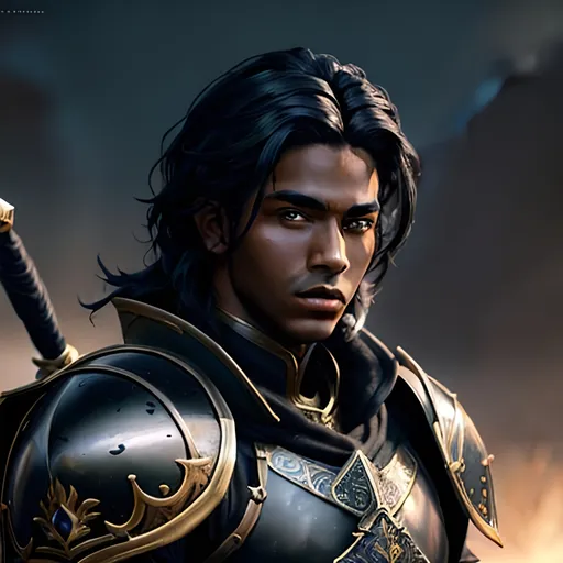 Prompt: masterpiece, splash art, ink painting, handsome D&D fantasy, (23 years old) (dark-skinned-human male warrior, ((beautiful detailed face and large eyes)), short light dark hair, looking at the viewer, wearing armor outfit, intricate hyper detailed hair,  standing in a brightly lit field #3238, UHD, hd , 8k eyes, detailed face, big anime dreamy eyes, 8k eyes, intricate details, insanely detailed, masterpiece, 8k, complementary colors, golden ratio, octane render, volumetric lighting, unreal 5, artwork, concept art, cover, top model, light on hair colorful glamourous hyperdetailed, intricate hyperdetailed breathtaking colorful glamorous scenic view landscape, ultra-fine details, hyper-focused, deep colors, | by sakimi chan, artgerm, wlop, pixiv, tumblr, instagram, deviantart