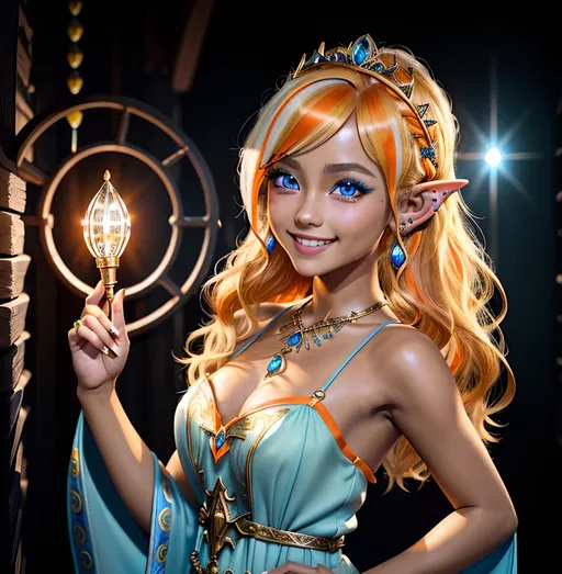 Prompt: masterpiece, splash art, ink painting, beautiful cute pop idol, D&D fantasy, (23 years old) lightly tanned-skinned hobbit girl, ((beautiful detailed face and large eyes)), mischievous grin, blonde with bright orange highlights hair, short small pointed ears, smiling looking at the viewer, wearing intricate detailed light blue princess dress and casting a light spell, intricate hyper detailed hair, intricate hyper detailed eyelashes, intricate hyper detailed shining pupils #3238, UHD, hd , 8k eyes, detailed face, big anime dreamy eyes, 8k eyes, intricate details, insanely detailed, masterpiece, cinematic lighting, 8k, complementary colors, golden ratio, octane render, volumetric lighting, unreal 5, artwork, concept art, cover, top model, light on hair colorful glamourous hyperdetailed, intricate hyperdetailed breathtaking colorful glamorous scenic view landscape, ultra-fine details, hyper-focused, deep colors, dramatic lighting, ambient lighting god rays | by sakimi chan, artgerm, wlop, pixiv, tumblr, instagram, deviantart
