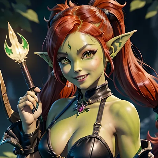 Prompt: masterpiece, splash art, ink painting, beautiful cute pop idol, D&D fantasy, ((green-skinned-goblin girl)), green-skinned-female ((tiny petite body)), ((perfect beautiful cute face)), mischievous grin, short fiery red hair, pigtails, pointed ears, fangs, looking at the viewer, wearing adventurer's leather outfit, intricate hyper detailed hair, intricate hyper detailed eyelashes, intricate hyper detailed shining pupils #3238, UHD, hd , 8k eyes, detailed face, big anime dreamy eyes, 8k eyes, intricate details, insanely detailed, masterpiece, cinematic lighting, 8k, complementary colors, golden ratio, octane render, volumetric lighting, unreal 5, artwork, concept art, cover, top model, light on hair colorful glamourous hyperdetailed, intricate hyperdetailed breathtaking colorful glamorous scenic view landscape, ultra-fine details, hyper-focused, deep colors, dramatic lighting, ambient lighting god rays | by sakimi chan, artgerm, wlop, pixiv, tumblr, instagram, deviantart