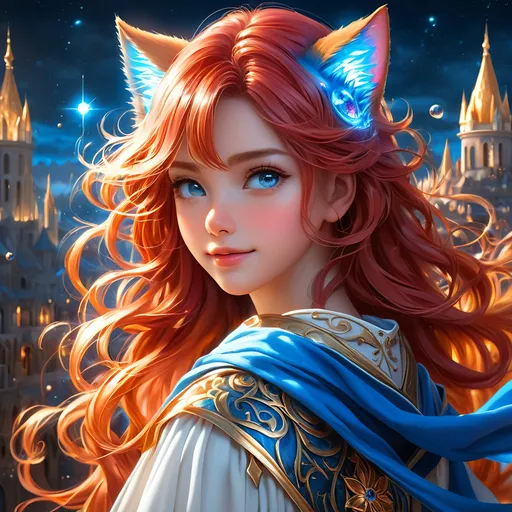 Prompt: full body, oil painting, fantasy, Human girl, tanned-skinned-female, ((beautiful detailed face and glowing anime blue eyes))red hair, straight hair, cat ears, rosy cheeks, smiling, looking at the viewer| Elemental star cleric wearing intricate glowing blue and white holy robes casting a healing spell, #3238, UHD, hd , 8k eyes, detailed face, big anime dreamy eyes, 8k eyes, intricate details, insanely detailed, masterpiece, cinematic lighting, 8k, complementary colors, golden ratio, octane render, volumetric lighting, unreal 5, artwork, concept art, cover, top model, light on hair colorful glamourous hyperdetailed medieval city background, intricate hyperdetailed breathtaking colorful glamorous scenic view landscape, ultra-fine details, hyper-focused, deep colors, dramatic lighting, ambient lighting god rays | by sakimi chan, artgerm, wlop, pixiv, tumblr, instagram, deviantart