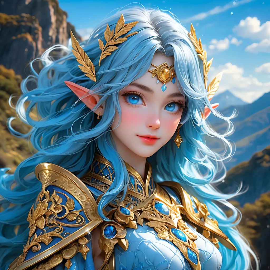 Prompt: Full Body, ink painting, D&D fantasy, cute timeless ((blue-skinned-elf girl)), blue-skinned-female, slender, ((beautiful detailed face and large anime eyes)) long wavy sky blue hair, smiling, pointed ears, looking at the viewer, cleric wearing intricate adventurer outfit, intricate hyper detailed hair, intricate hyper detailed eyelashes, intricate hyper detailed shining pupils #3238, UHD, hd , 8k eyes, detailed face, big anime dreamy eyes, 8k eyes, intricate details, insanely detailed, masterpiece, cinematic lighting, 8k, complementary colors, golden ratio, octane render, volumetric lighting, unreal 5, artwork, concept art, cover, top model, light on hair colorful glamourous hyperdetailed, intricate hyperdetailed breathtaking colorful glamorous scenic view landscape, ultra-fine details, hyper-focused, deep colors, dramatic lighting, ambient lighting god rays, | by sakimi chan, artgerm, wlop, pixiv, tumblr, instagram, deviantart