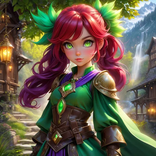 Prompt: Full body, oil painting, D&D fantasy, tanned-skinned-gnome girl, tanned-skinned-female, ((tiny short petite chibi body)), ((beautiful detailed face and glowing anime green eyes)), very cute, determined look, short bright purple hair, ponytail, pointed ears, looking at the viewer, Ranger wearing intricate red and green adventurer's leather, intricate hyper detailed hair, intricate hyper detailed eyelashes, intricate hyper detailed shining pupils #3238, UHD, hd , 8k eyes, detailed face, big anime dreamy eyes, 8k eyes, intricate details, insanely detailed, masterpiece, cinematic lighting, 8k, complementary colors, golden ratio, octane render, volumetric lighting, unreal 5, artwork, concept art, cover, top model, light on hair colorful glamourous hyperdetailed medieval tavern background, intricate hyperdetailed breathtaking colorful glamorous scenic view landscape, ultra-fine details, hyper-focused, deep colors, dramatic lighting, ambient lighting god rays | by sakimi chan, artgerm, wlop, pixiv, tumblr, instagram, deviantart