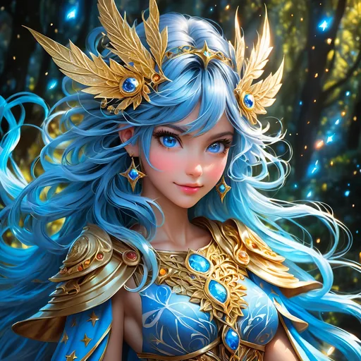 Prompt: Full body, oil painting, fantasy, Pixie girl, tanned-skinned-female, ((beautiful detailed face and glowing blue anime eyes)), bright blue hair, straight hair, rosy cheeks, smiling, looking at the viewer, Elemental sorceress wearing intricate detailed robes casting a spell, intricate hyper detailed hair, intricate hyper detailed eyelashes, intricate hyper detailed shining pupils #3238, UHD, hd , 8k eyes, detailed face, big anime dreamy eyes, 8k eyes, intricate details, insanely detailed, masterpiece, cinematic lighting, 8k, complementary colors, golden ratio, octane render, volumetric lighting, unreal 5, artwork, concept art, cover, top model, light on hair colorful glamourous hyperdetailed forest background at night with stars, intricate hyperdetailed breathtaking colorful glamorous scenic view landscape, ultra-fine details, hyper-focused, deep colors, dramatic lighting, ambient lighting god rays, | by sakimi chan, artgerm, wlop, pixiv, tumblr, instagram, deviantart