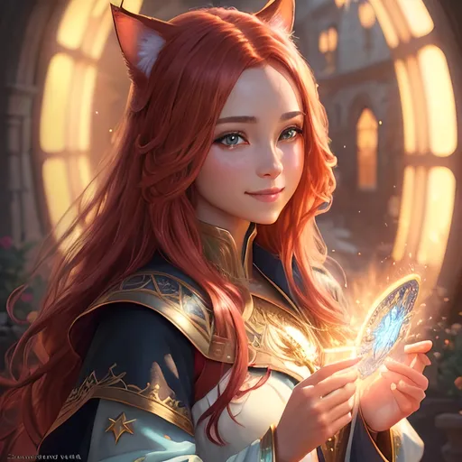 Prompt: oil painting, fantasy, Human girl, tanned-skinned-female, beautiful, red hair, straight hair, cat ears, rosy cheeks, smiling, looking at the viewer| Elemental star cleric wearing intricate glowing blue and white holy robes casting a healing spell, #3238, UHD, hd , 8k eyes, detailed face, big anime dreamy eyes, 8k eyes, intricate details, insanely detailed, masterpiece, cinematic lighting, 8k, complementary colors, golden ratio, octane render, volumetric lighting, unreal 5, artwork, concept art, cover, top model, light on hair colorful glamourous hyperdetailed medieval city background, intricate hyperdetailed breathtaking colorful glamorous scenic view landscape, ultra-fine details, hyper-focused, deep colors, dramatic lighting, ambient lighting god rays, flowers, garden | by sakimi chan, artgerm, wlop, pixiv, tumblr, instagram, deviantart