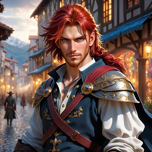 Prompt: oil painting, fantasy, a swashbuckling human male, perfect rugged face sporting slight stubble with red hair in braids, and with vibrant hazel eyes and a slight grin | Warrior wearing chaps and a duster and a cowboy-esque hat, dark shirt, wielding an intricate rapier #3238, UHD, hd , 8k eyes, detailed face, big anime dreamy eyes, 8k eyes, intricate details, insanely detailed, masterpiece, cinematic lighting, 8k, complementary colors, golden ratio, octane render, volumetric lighting, unreal 5, artwork, concept art, cover, top model, light on hair colorful glamourous hyperdetailed medieval city background, intricate hyperdetailed breathtaking colorful glamorous scenic view landscape, ultra-fine details, hyper-focused, deep colors, dramatic lighting, ambient lighting god rays | by sakimi chan, artgerm, wlop, pixiv, tumblr, instagram, deviantart
