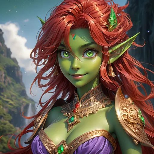 Prompt: Full Body, ink painting, D&D fantasy, cute young ((green-skinned-goblin girl)), green-skinned-female, short petite body slender, beautiful, ((beautiful detailed face and large anime eyes)) long wavy fiery red hair, smiling, pointed ears, looking at the viewer, cleric wearing intricate adventurer outfit, intricate hyper detailed hair, intricate hyper detailed eyelashes, intricate hyper detailed shining pupils #3238, UHD, hd , 8k eyes, detailed face, big anime dreamy eyes, 8k eyes, intricate details, insanely detailed, masterpiece, cinematic lighting, 8k, complementary colors, golden ratio, octane render, volumetric lighting, unreal 5, artwork, concept art, cover, top model, light on hair colorful glamourous hyperdetailed, intricate hyperdetailed breathtaking colorful glamorous scenic view landscape, ultra-fine details, hyper-focused, deep colors, dramatic lighting, ambient lighting god rays, | by sakimi chan, artgerm, wlop, pixiv, tumblr, instagram, deviantart