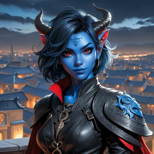 Prompt: Full body visible, oil painting, D&D Fantasy, young 20 years old Tiefling Female, ((Fully blue-skinned-female, blue-skinned-female)), Thief, ((Beautiful detailed face and Red anime eyes)), Tiefling horns)), short tousled black hair, Rogueish grin, looking at the viewer, Black sleek leather clothing wielding an intricate dagger on a rooftop at night, intricate hyper detailed hair, intricate hyper detailed eyelashes, intricate hyper detailed shining pupils, #3238, UHD, hd , 8k eyes, detailed face, big anime dreamy eyes, 8k eyes, intricate details, insanely detailed, masterpiece, cinematic lighting, 8k, complementary colors, golden ratio, octane render, volumetric lighting, unreal 5, artwork, concept art, cover, top model, light on hair colorful glamourous hyperdetailed rooftop at night background, intricate hyperdetailed rooftop at night background, ultra-fine details, hyper-focused, deep colors, dramatic lighting, ambient lighting | by sakimi chan, artgerm, wlop, pixiv, tumblr, instagram, deviantart