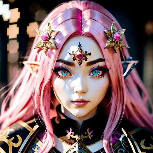 Prompt: masterpiece, splash art, ink painting, beautiful cute D&D fantasy, (23 years old) gnome girl cleric, ((beautiful detailed face and large eyes)), bright pink hair, looking at the viewer, wearing cleric outfit, intricate hyper detailed hair, intricate hyper detailed eyelashes, intricate hyper detailed shining pupils #3238, UHD, hd , 8k eyes, detailed face, big anime dreamy eyes, 8k eyes, intricate details, insanely detailed, masterpiece, cinematic lighting, 8k, complementary colors, golden ratio, octane render, volumetric lighting, unreal 5, artwork, concept art, cover, top model, light on hair colorful glamourous hyperdetailed, intricate hyperdetailed breathtaking colorful glamorous scenic view landscape, ultra-fine details, hyper-focused, deep colors, ambient lighting god rays | by sakimi chan, artgerm, wlop, pixiv, tumblr, instagram, deviantart