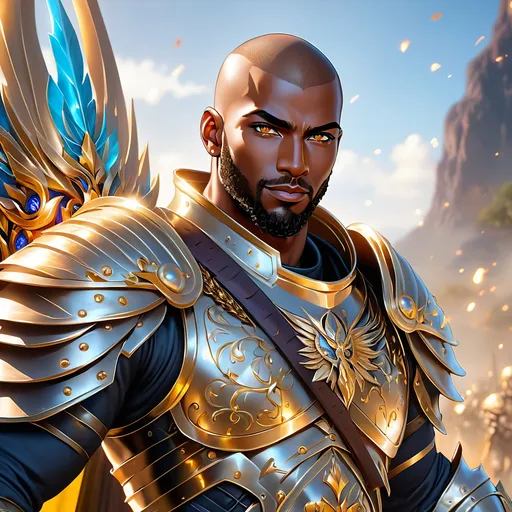 Prompt: Full Body, oil painting, fantasy, black man with shaved head with vibrant light hazel eyes, ((handsome detailed face and eyes)), smiling, clean shaven no beard, large muscles warrior wearing armor ((wielding a large Glaive with both hands)), intricate hyper detailed hair, intricate hyper detailed eyelashes, intricate hyper detailed shining pupils #3238, UHD, hd , 8k eyes, detailed face, big anime dreamy eyes, 8k eyes, intricate details, insanely detailed, masterpiece, cinematic lighting, 8k, complementary colors, golden ratio, octane render, volumetric lighting, unreal 5, artwork, concept art, cover, top model, light on hair colorful glamourous hyperdetailed, ultra-fine details, intricate detailed battlefield background, hyper-focused, deep colors, dramatic lighting, ambient lighting god rays | by sakimi chan, artgerm, wlop, pixiv, tumblr, instagram, deviantart