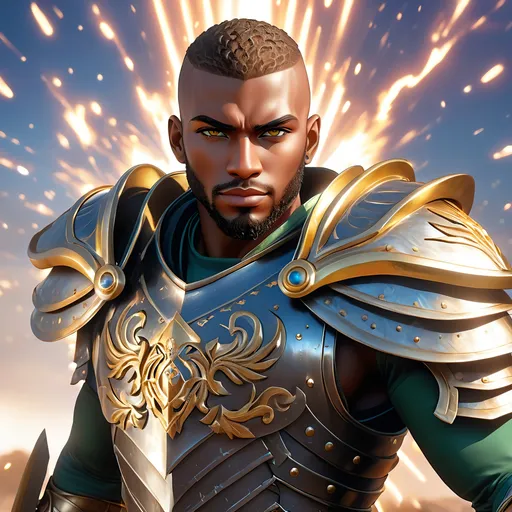 Prompt: Full Body, oil painting, fantasy, black man with shaved head with vibrant light hazel eyes, ((handsome detailed face and eyes)), smiling, clean shaven no beard, large muscles warrior wearing armor ((wielding a large Glaive with both hands)), intricate hyper detailed hair, intricate hyper detailed eyelashes, intricate hyper detailed shining pupils #3238, UHD, hd , 8k eyes, detailed face, big anime dreamy eyes, 8k eyes, intricate details, insanely detailed, masterpiece, cinematic lighting, 8k, complementary colors, golden ratio, octane render, volumetric lighting, unreal 5, artwork, concept art, cover, top model, light on hair colorful glamourous hyperdetailed, ultra-fine details, intricate detailed battlefield background, hyper-focused, deep colors, dramatic lighting, ambient lighting god rays | by sakimi chan, artgerm, wlop, pixiv, tumblr, instagram, deviantart