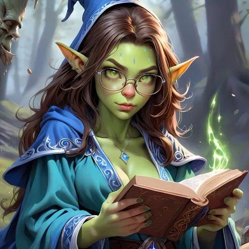 Prompt: Full Body, oil painting, D&D fantasy, very cute, 22 years old half-orc female ((green-skinned-half orc girl)) Wizard, green-skinned-female, ((beautiful detailed face and large glowing brown eyes)), Glasses, long rich brown hair, small short pointed ears, ((large tusks)), Determined and concentrating while reading a spell book, intricate detailed shapely ((Blue Wizard robes)), intricate hyper detailed hair, intricate hyper detailed eyelashes, intricate hyper detailed shining pupils #3238, UHD, hd , 8k eyes, detailed face, big anime dreamy eyes, 8k eyes, intricate details, insanely detailed, masterpiece, cinematic lighting, 8k, complementary colors, golden ratio, octane render, volumetric lighting, unreal 5, artwork, concept art, cover, top model, light on hair colorful glamourous hyperdetailed  inside a Wizard tower background, intricate hyperdetailed inside of a Wizard tower background, ultra-fine details, hyper-focused, deep colors, dramatic lighting, ambient lighting god rays, | by sakimi chan, artgerm, wlop, pixiv, tumblr, instagram, deviantart