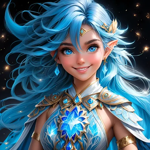 Prompt: Full body, oil painting, D&D fantasy, Very Cute, 22 years old Pixie girl, tanned-skinned-female, ((beautiful detailed face and glowing blue anime eyes)), bright straight blue hair, rosy cheeks, smiling, Small short pointed ears, looking at the viewer, Elemental sorceress wearing intricate detailed Elemental robes casting a spell, intricate hyper detailed hair, intricate hyper detailed eyelashes, intricate hyper detailed shining pupils #3238, UHD, hd , 8k eyes, detailed face, big anime dreamy eyes, 8k eyes, intricate details, insanely detailed, masterpiece, cinematic lighting, 8k, complementary colors, golden ratio, octane render, volumetric lighting, unreal 5, artwork, concept art, cover, top model, light on hair colorful glamourous hyperdetailed forest background at night with stars, intricate hyperdetailed breathtaking colorful glamorous scenic view landscape, ultra-fine details, hyper-focused, deep colors, dramatic lighting, ambient lighting god rays, | by sakimi chan, artgerm, wlop, pixiv, tumblr, instagram, deviantart