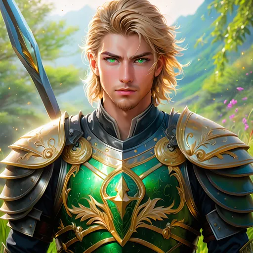 Prompt: oil painting, fantasy, a young human man with very short cropped Dirty blonde hair tied back and neatly trimmed Dirty blonde beard with vibrant green eyes, ((handsome detailed face and eyes)), Warrior wearing armor wielding a large Spear with both hands, intricate hyper detailed hair, intricate hyper detailed eyelashes, intricate hyper detailed shining pupils #3238, UHD, hd , 8k eyes, detailed face, big anime dreamy eyes, 8k eyes, intricate details, insanely detailed, masterpiece, cinematic lighting, 8k, complementary colors, golden ratio, octane render, volumetric lighting, unreal 5, artwork, concept art, cover, top model, light on hair colorful glamourous hyperdetailed, intricate hyperdetailed breathtaking colorful glamorous scenic view landscape, ultra-fine details, hyper-focused, deep colors, dramatic lighting, ambient lighting god rays | by sakimi chan, artgerm, wlop, pixiv, tumblr, instagram, deviantart