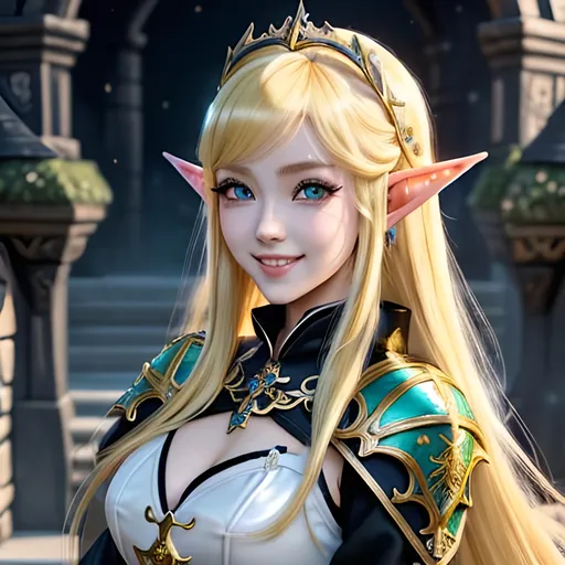 Prompt: masterpiece, splash art, ink painting, beautiful cute pop idol, D&D fantasy, young (23 years old) anime like elf girl cleric, ((beautiful detailed face and large eyes)), mischievous grin, bright blond hair, long slender pointed ears, smiling looking at the viewer, wearing cleric outfit, intricate hyper detailed hair, intricate hyper detailed eyelashes, intricate hyper detailed shining pupils #3238, UHD, hd , 8k eyes, detailed face, big anime dreamy eyes, 8k eyes, intricate details, insanely detailed, masterpiece, cinematic lighting, 8k, complementary colors, golden ratio, octane render, volumetric lighting, unreal 5, artwork, concept art, cover, top model, light on hair colorful glamourous hyperdetailed, intricate hyperdetailed breathtaking colorful glamorous scenic view landscape, ultra-fine details, hyper-focused, deep colors, dramatic lighting, ambient lighting god rays | by sakimi chan, artgerm, wlop, pixiv, tumblr, instagram, deviantart