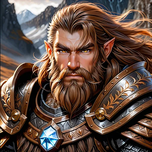 Prompt: Full body visible, oil painting, D&D fantasy, older years old ((Male)) dwarf, ((dwarven rugged older detailed face and hazel anime eyes)), ((Short, stocky, broad shoulders)), long straight light brown hair, long brown Dwarven beard, short pointed ears, determined look, looking at the viewer, intricate detailed black magical armor, intricate hyper detailed hair, intricate hyper detailed eyelashes, intricate hyper detailed shining pupils, #3238, UHD, hd , 8k eyes, detailed face, big anime dreamy eyes, 8k eyes, intricate details, insanely detailed, masterpiece, cinematic lighting, 8k, complementary colors, golden ratio, octane render, volumetric lighting, unreal 5, artwork, concept art, cover, top model, light on hair colorful glamourous hyperdetailed plains battlefield background, intricate hyperdetailed plains battlefield background, ultra-fine details, hyper-focused, deep colors, dramatic lighting, ambient lighting | by sakimi chan, artgerm, wlop, pixiv, tumblr, instagram, deviantart