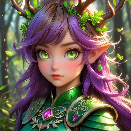 Prompt: Full body, oil painting, D&D fantasy, tanned-skinned-gnome girl, tanned-skinned-female, ((tiny short petite chibi body)), ((beautiful detailed face and glowing anime green eyes)), very cute, determined look, short bright purple hair, ponytail, antlers in hair, pointed ears, looking at the viewer, Druid wearing intricate brown and green forest wooden armor and dress, intricate hyper detailed hair, intricate hyper detailed eyelashes, intricate hyper detailed shining pupils #3238, UHD, hd , 8k eyes, detailed face, big anime dreamy eyes, 8k eyes, intricate details, insanely detailed, masterpiece, cinematic lighting, 8k, complementary colors, golden ratio, octane render, volumetric lighting, unreal 5, artwork, concept art, cover, top model, light on hair colorful glamourous hyperdetailed medieval tavern background, intricate hyperdetailed breathtaking colorful glamorous scenic view landscape, ultra-fine details, hyper-focused, deep colors, dramatic lighting, ambient lighting god rays | by sakimi chan, artgerm, wlop, pixiv, tumblr, instagram, deviantart