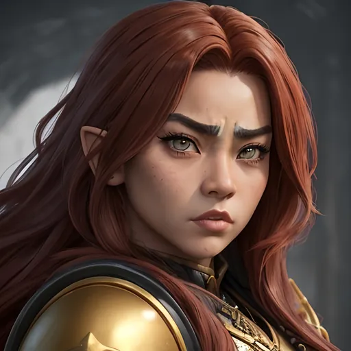 Prompt: masterpiece, splash art, ink painting, beautiful pop idol, D&D fantasy, (25 years old) lightly tanned-skinned gold Dwarf barbarian female, ((beautiful detailed face and large eyes)), ((short, stocky, dwarf proportions)), raging expression, medium length red hair, serious expression looking at the viewer, wearing detailed hide armor holding a huge battle axe above in one hand  in a tundra setting #3238, UHD, hd , 8k eyes, detailed face, big anime dreamy eyes, 8k eyes, intricate details, insanely detailed, masterpiece, cinematic lighting, 8k, complementary colors, golden ratio, octane render, volumetric lighting, unreal 5, artwork, concept art, cover, top model, light on hair colorful glamourous hyperdetailed medieval city background, intricate hyperdetailed breathtaking colorful glamorous scenic view landscape, ultra-fine details, hyper-focused, deep colors, dramatic lighting, ambient lighting god rays, flowers, garden | by sakimi chan, artgerm, wlop, pixiv, tumblr, instagram, deviantart