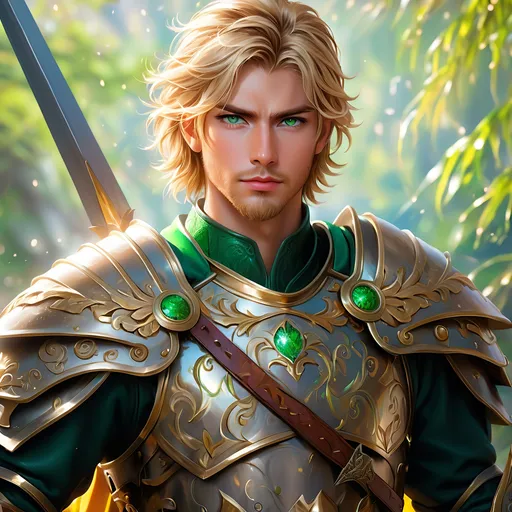Prompt: oil painting, fantasy, a young human man with very short cropped Dirty blonde hair tied back and neatly trimmed Dirty blonde beard with vibrant green eyes, ((handsome detailed face and eyes)), Warrior wearing armor wielding a large Spear with both hands, intricate hyper detailed hair, intricate hyper detailed eyelashes, intricate hyper detailed shining pupils #3238, UHD, hd , 8k eyes, detailed face, big anime dreamy eyes, 8k eyes, intricate details, insanely detailed, masterpiece, cinematic lighting, 8k, complementary colors, golden ratio, octane render, volumetric lighting, unreal 5, artwork, concept art, cover, top model, light on hair colorful glamourous hyperdetailed, intricate hyperdetailed breathtaking colorful glamorous scenic view landscape, ultra-fine details, hyper-focused, deep colors, dramatic lighting, ambient lighting god rays | by sakimi chan, artgerm, wlop, pixiv, tumblr, instagram, deviantart