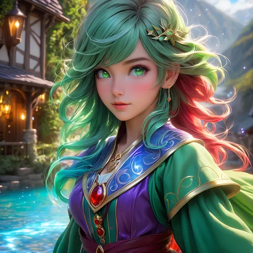 Prompt: Full body, oil painting, D&D fantasy, tanned-skinned-gnome girl, tanned-skinned-female, ((tiny short petite body)), ((beautiful detailed face and glowing anime green eyes)), very cute, determined look, short bright purple hair, long pixie cut, pointed ears, looking at the viewer, Wizard wearing intricate red and blue long tailed wizard dress casting a water spell, intricate hyper detailed hair, intricate hyper detailed eyelashes, intricate hyper detailed shining pupils #3238, UHD, hd , 8k eyes, detailed face, big anime dreamy eyes, 8k eyes, intricate details, insanely detailed, masterpiece, cinematic lighting, 8k, complementary colors, golden ratio, octane render, volumetric lighting, unreal 5, artwork, concept art, cover, top model, light on hair colorful glamourous hyperdetailed medieval tavern background, intricate hyperdetailed breathtaking colorful glamorous scenic view landscape, ultra-fine details, hyper-focused, deep colors, dramatic lighting, ambient lighting god rays | by sakimi chan, artgerm, wlop, pixiv, tumblr, instagram, deviantart