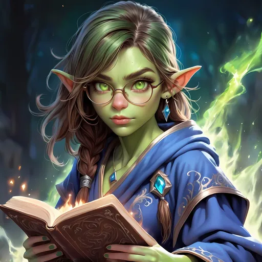 Prompt: Full Body, oil painting, D&D fantasy, very cute, 22 years old half-orc female ((green-skinned-half orc girl)) Wizard, green-skinned-female, ((beautiful detailed face and large glowing brown eyes)), Glasses, long rich brown hair, small short pointed ears, ((large tusks)), Determined and concentrating while reading a spell book, intricate detailed shapely ((Blue Wizard robes)), intricate hyper detailed hair, intricate hyper detailed eyelashes, intricate hyper detailed shining pupils #3238, UHD, hd , 8k eyes, detailed face, big anime dreamy eyes, 8k eyes, intricate details, insanely detailed, masterpiece, cinematic lighting, 8k, complementary colors, golden ratio, octane render, volumetric lighting, unreal 5, artwork, concept art, cover, top model, light on hair colorful glamourous hyperdetailed  inside a Wizard tower background, intricate hyperdetailed inside of a Wizard tower background, ultra-fine details, hyper-focused, deep colors, dramatic lighting, ambient lighting god rays, | by sakimi chan, artgerm, wlop, pixiv, tumblr, instagram, deviantart