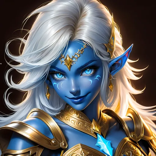 Prompt: Full body visible, oil painting, D&D Fantasy, young 20 years old Elf girl, ((Fully blue-skinned-female, blue-skinned-female, Blue elf ears)), ((beautiful detailed face and glowing gold anime eyes)), short Brilliant vibrant White hair, predatory grin, looking at the viewer, Brown leather armour with a bow, intricate hyper detailed hair, intricate hyper detailed eyelashes, intricate hyper detailed shining pupils, #3238, UHD, hd , 8k eyes, detailed face, big anime dreamy eyes, 8k eyes, intricate details, insanely detailed, masterpiece, cinematic lighting, 8k, complementary colors, golden ratio, octane render, volumetric lighting, unreal 5, artwork, concept art, cover, top model, light on hair colorful glamourous hyperdetailed cave background, intricate hyperdetailed cave background, ultra-fine details, hyper-focused, deep colors, dramatic lighting, ambient lighting | by sakimi chan, artgerm, wlop, pixiv, tumblr, instagram, deviantart