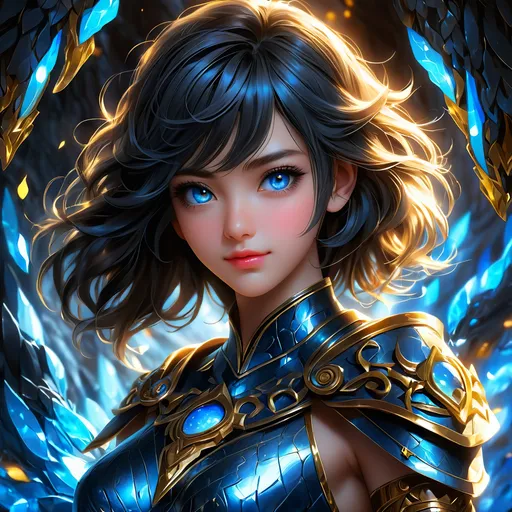 Prompt: Full body visible, oil painting, young 20 years old girl, blue-skinned-female, blue-skinned-female, ((beautiful detailed face and glowing gold anime eyes)), short dark black hair, predatory smile, looking at the viewer, intricate detailed leather clothes, intricate hyper detailed hair, intricate hyper detailed eyelashes, intricate hyper detailed shining pupils, #3238, UHD, hd , 8k eyes, detailed face, big anime dreamy eyes, 8k eyes, intricate details, insanely detailed, masterpiece, cinematic lighting, 8k, complementary colors, golden ratio, octane render, volumetric lighting, unreal 5, artwork, concept art, cover, top model, light on hair colorful glamourous hyperdetailed cave background, intricate hyperdetailed cave background, ultra-fine details, hyper-focused, deep colors, dramatic lighting, ambient lighting | by sakimi chan, artgerm, wlop, pixiv, tumblr, instagram, deviantart