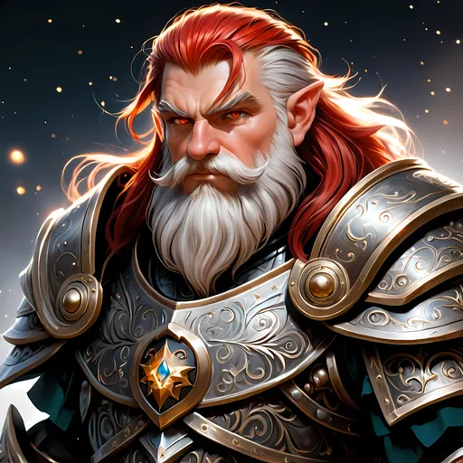 Prompt: Full body visible, oil painting, D&D fantasy, older years old ((Male)) Gold Dwarf, ((Stocky dwarf build, rugged older detailed face and hazel eyes)), Cleric, ((Short, stocky, slightly chubby, broad shoulders)), long straight bright red hair, long bright red Dwarven beard, short pointed ears, determined look, looking at the viewer, intricate detailed black magical armour and using a large metal shield, intricate hyper detailed hair, intricate hyper detailed eyelashes, intricate hyper detailed shining pupils, #3238, UHD, hd , 8k eyes, detailed face, big anime dreamy eyes, 8k eyes, intricate details, insanely detailed, masterpiece, cinematic lighting, 8k, complementary colors, golden ratio, octane render, volumetric lighting, unreal 5, artwork, concept art, cover, top model, light on hair colorful glamourous hyperdetailed plains battlefield background, intricate hyperdetailed plains battlefield background, ultra-fine details, hyper-focused, deep colors, dramatic lighting, ambient lighting | by sakimi chan, artgerm, wlop, pixiv, tumblr, instagram, deviantart