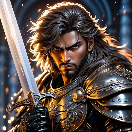 Prompt: Full Body, oil painting, fantasy, dark black man with vibrant dark hazel eyes, ((handsome detailed face and eyes)), angry, ((no beard)), large muscles warrior wearing dark black evil armor ((wielding a large sword with both hands)), intricate hyper detailed hair, intricate hyper detailed eyelashes, intricate hyper detailed shining pupils #3238, UHD, hd , 8k eyes, detailed face, big anime dreamy eyes, 8k eyes, intricate details, insanely detailed, masterpiece, cinematic lighting, 8k, complementary colors, golden ratio, octane render, volumetric lighting, unreal 5, artwork, concept art, cover, top model, light on hair colorful glamourous hyperdetailed, ultra-fine details, intricate detailed evil coliseum background, hyper-focused, deep colors, dramatic lighting, ambient lighting god rays | by sakimi chan, artgerm, wlop, pixiv, tumblr, instagram, deviantart