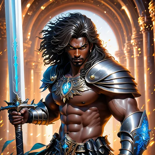 Prompt: Full Body, oil painting, fantasy, dark black man with vibrant dark hazel eyes, ((handsome detailed face and eyes)), angry, ((no beard)), large muscles warrior wearing dark evil armor ((wielding a large sword with both hands)), intricate hyper detailed hair, intricate hyper detailed eyelashes, intricate hyper detailed shining pupils #3238, UHD, hd , 8k eyes, detailed face, big anime dreamy eyes, 8k eyes, intricate details, insanely detailed, masterpiece, cinematic lighting, 8k, complementary colors, golden ratio, octane render, volumetric lighting, unreal 5, artwork, concept art, cover, top model, light on hair colorful glamourous hyperdetailed, ultra-fine details, intricate detailed evil coliseum background, hyper-focused, deep colors, dramatic lighting, ambient lighting god rays | by sakimi chan, artgerm, wlop, pixiv, tumblr, instagram, deviantart