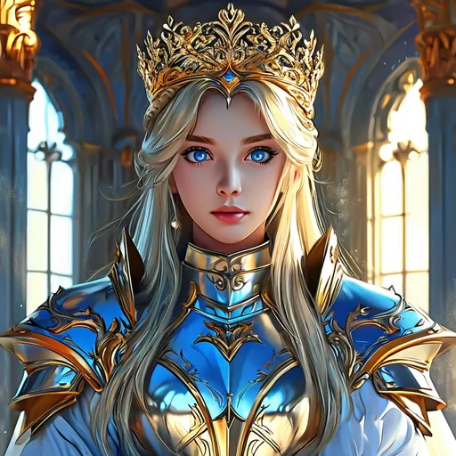 Prompt: Full body visible, oil painting, D&D Fantasy, young 25 years old girl, ((beautiful detailed face and Blue anime eyes)), Warrior, straitened brilliant Bright Blonde hair, Regal Noble Determined grin, looking at the viewer, Regal intricate detailed Golden and White Queen's full plate armour with a small golden crown and a Royal white cape, intricate hyper detailed hair, intricate hyper detailed eyelashes, intricate hyper detailed shining pupils, #3238, UHD, hd , 8k eyes, detailed face, big anime dreamy eyes, 8k eyes, intricate details, insanely detailed, masterpiece, cinematic lighting, 8k, complementary colors, golden ratio, octane render, volumetric lighting, unreal 5, artwork, concept art, cover, top model, light on hair colorful glamourous hyperdetailed ((Queen's Throne room background)), intricate hyperdetailed ((Queens's Throne room background)), ultra-fine details, hyper-focused, deep colors, dramatic lighting, ambient lighting | by sakimi chan, artgerm, wlop, pixiv, tumblr, instagram, deviantart