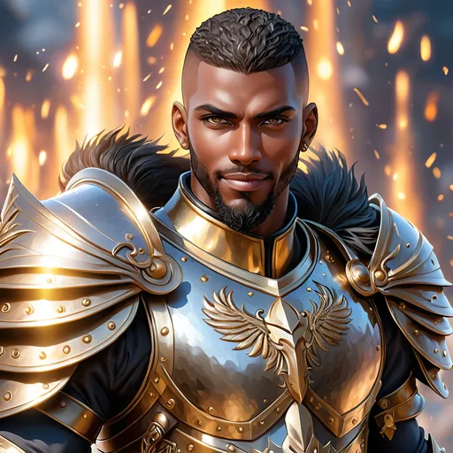 Prompt: Full Body, oil painting, fantasy, black man with shaved head with vibrant light hazel eyes, ((handsome detailed face and eyes)), big smile, clean shaven no beard, large muscles warrior wearing armor ((wielding a large Glaive with both hands)), intricate hyper detailed hair, intricate hyper detailed eyelashes, intricate hyper detailed shining pupils #3238, UHD, hd , 8k eyes, detailed face, big anime dreamy eyes, 8k eyes, intricate details, insanely detailed, masterpiece, cinematic lighting, 8k, complementary colors, golden ratio, octane render, volumetric lighting, unreal 5, artwork, concept art, cover, top model, light on hair colorful glamourous hyperdetailed, ultra-fine details, intricate detailed battlefield background, hyper-focused, deep colors, dramatic lighting, ambient lighting god rays | by sakimi chan, artgerm, wlop, pixiv, tumblr, instagram, deviantart