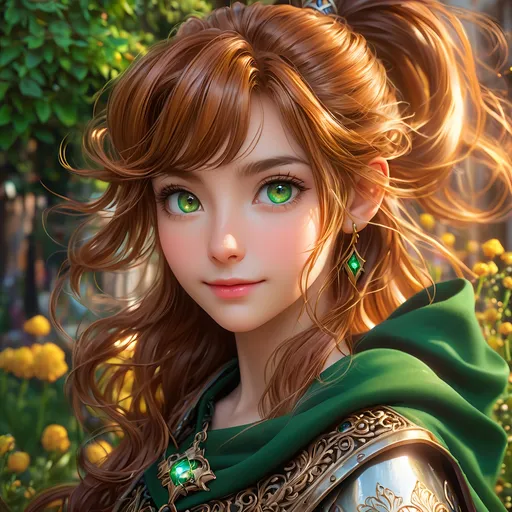 Prompt: oil painting, D&D fantasy, (23 years old) lightly tanned-skinned hobbit girl, (tiny petite body), ((beautiful detailed face and large anime eyes)), mischievous grin, long ponytail bright auburn with highlights hair, short small pointed ears, mischievous grin looking at the viewer, cleric wearing chain mail with a dark green cloak and casting a holy elemental spell, intricate hyper detailed hair, intricate hyper detailed eyelashes, intricate hyper detailed shining pupils #3238, UHD, hd , 8k eyes, detailed face, big anime dreamy eyes, 8k eyes, intricate details, insanely detailed, masterpiece, cinematic lighting, 8k, complementary colors, golden ratio, octane render, volumetric lighting, unreal 5, artwork, concept art, cover, top model, light on hair colorful glamourous hyperdetailed medieval city background, intricate hyperdetailed breathtaking colorful glamorous scenic view landscape, ultra-fine details, hyper-focused, deep colors, dramatic lighting, ambient lighting god rays, flowers, garden | by sakimi chan, artgerm, wlop, pixiv, tumblr, instagram, deviantart