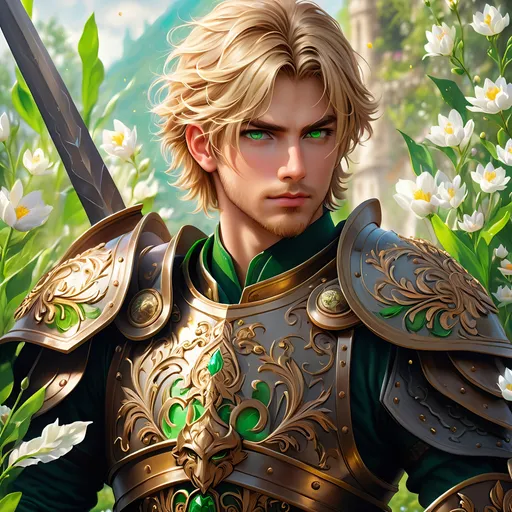 Prompt: oil painting, fantasy, a young human man with very short cropped Dirty blonde hair tied back and short neatly trimmed Dirty blonde beard with vibrant green eyes, ((handsome detailed face and eyes)), Warrior wearing armor wielding a large Polearm with both hands, intricate hyper detailed hair, intricate hyper detailed eyelashes, intricate hyper detailed shining pupils #3238, UHD, hd , 8k eyes, detailed face, big anime dreamy eyes, 8k eyes, intricate details, insanely detailed, masterpiece, cinematic lighting, 8k, complementary colors, golden ratio, octane render, volumetric lighting, unreal 5, artwork, concept art, cover, top model, light on hair colorful glamourous hyperdetailed medieval city background, intricate hyperdetailed breathtaking colorful glamorous scenic view landscape, ultra-fine details, hyper-focused, deep colors, dramatic lighting, ambient lighting god rays, flowers, garden | by sakimi chan, artgerm, wlop, pixiv, tumblr, instagram, deviantart
